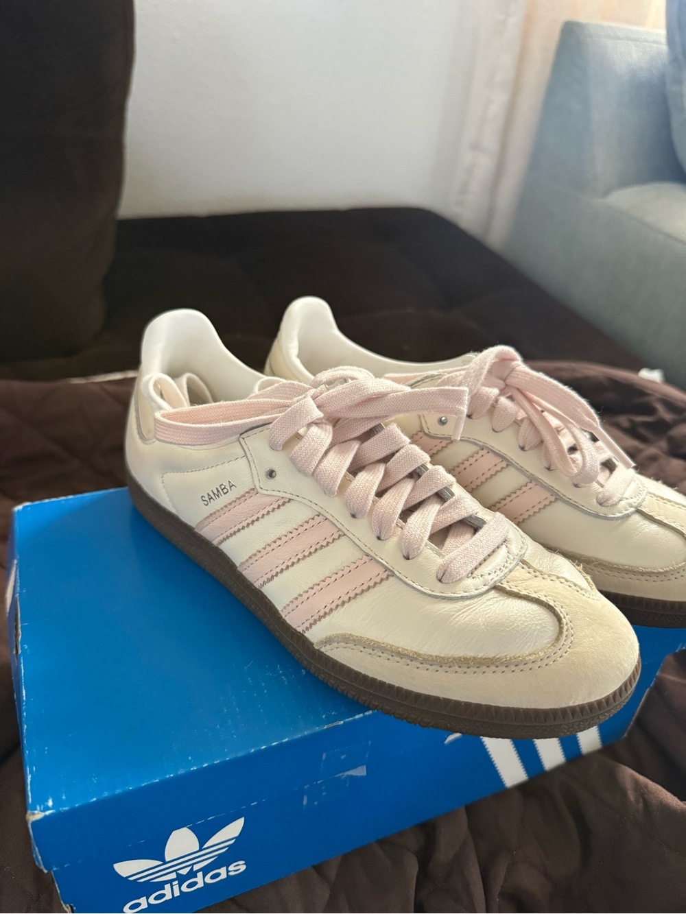 adidas Samba Women's Cream Leather Sneakers with Pale Pink Stripes